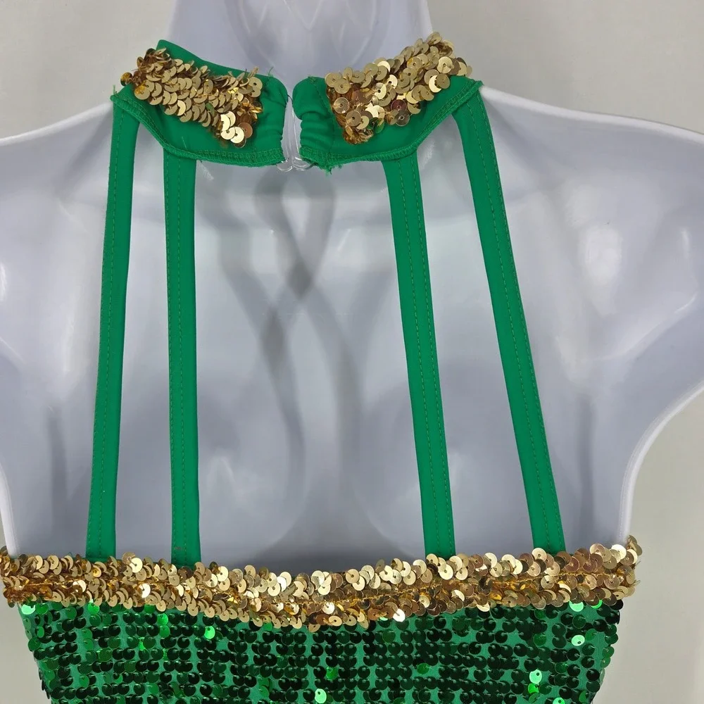 Weissman Green Gold Sequin Dance Costume Halter Strappy Back LC Performance